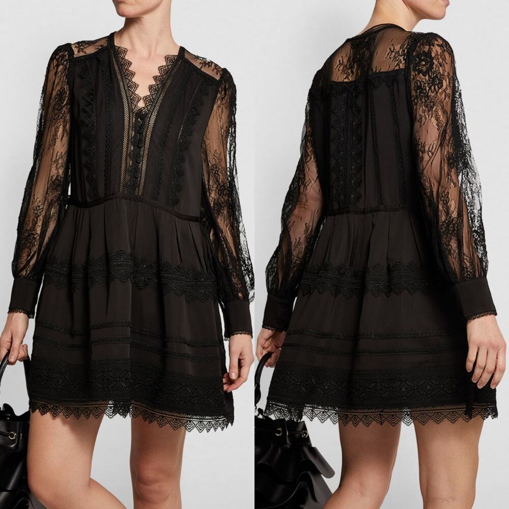 Self-Portrait Black Crochet-Trimmed Crepe De Chine And Lace Mini Dress